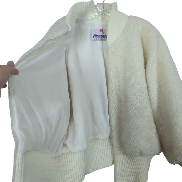 Vintage Monterey Fashions White Sherpa Bomber Jacket Women 16 Zip Up Teddy Coat - Picture 6 of 13
